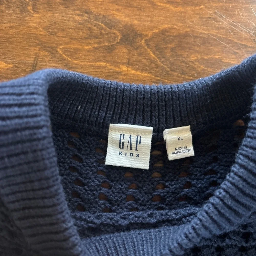 Gap Girls Sweater Size XL Open Knit Navy Blue Ruffle Preppy‎ Feminine